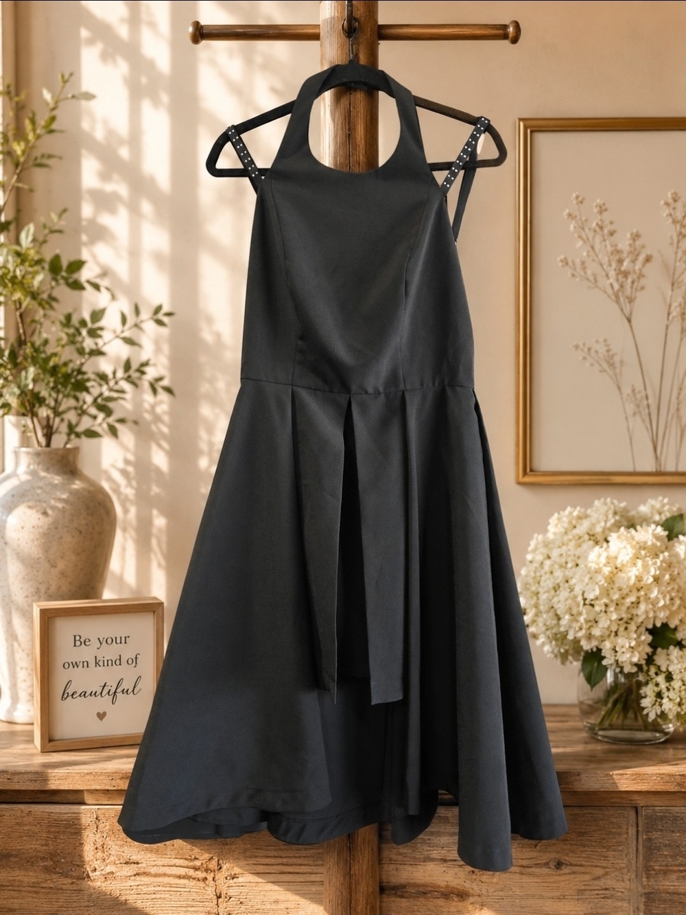 VENUS Black Halter Midi Dress with Tie-Strap Detail